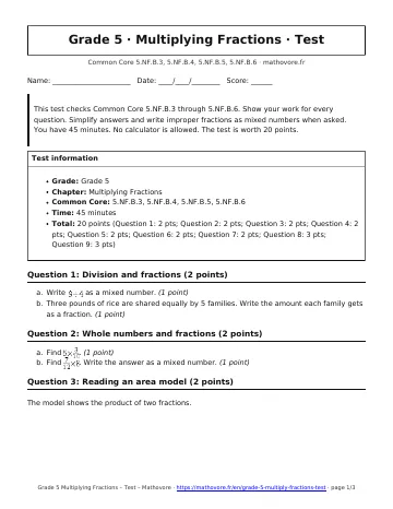 Page 1 of the Grade 5 Multiplying Fractions test PDF