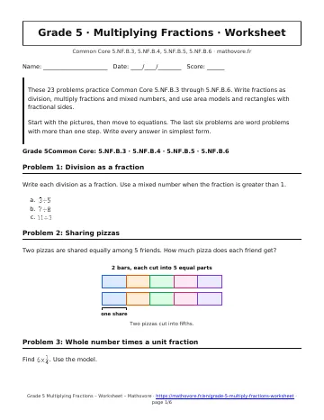 Page 1 of the Grade 5 Multiplying Fractions worksheet PDF