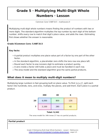 Page 1 of the Grade 5 Multiplying Multi-Digit Whole Numbers lesson PDF