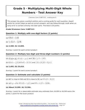 Page 1 of the Grade 5 Multiplying Multi-Digit Whole Numbers test answer key PDF