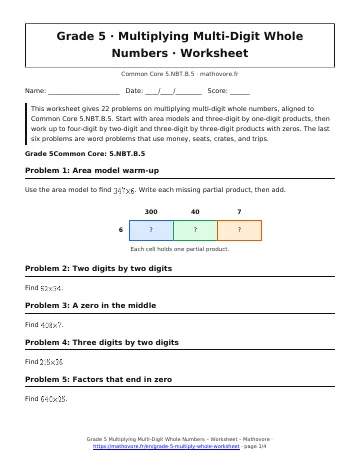Page 1 of the Grade 5 Multiplying Multi-Digit Whole Numbers worksheet PDF