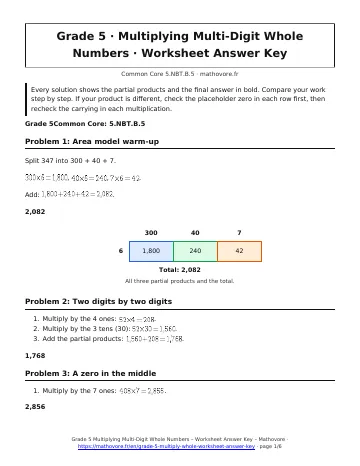 Page 1 of the Grade 5 Multiplying Multi-Digit Whole Numbers worksheet answer key PDF