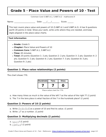 Page 1 of the Grade 5 Place Value and Powers of 10 test PDF