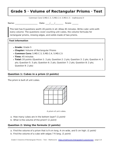 Page 1 of the Grade 5 Volume of Rectangular Prisms test PDF
