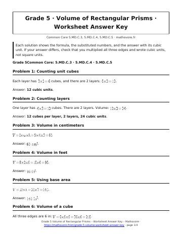 Page 1 of the Grade 5 Volume of Rectangular Prisms worksheet answer key PDF