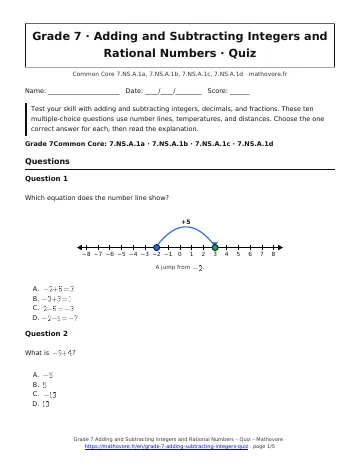 Page 1 of the Grade 7 Adding and Subtracting Integers and Rational Numbers quiz PDF