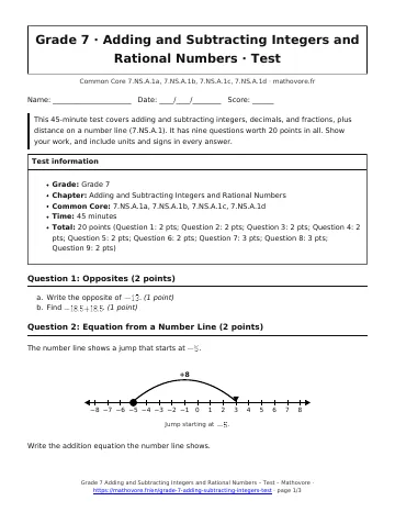 Page 1 of the Grade 7 Adding and Subtracting Integers and Rational Numbers test PDF