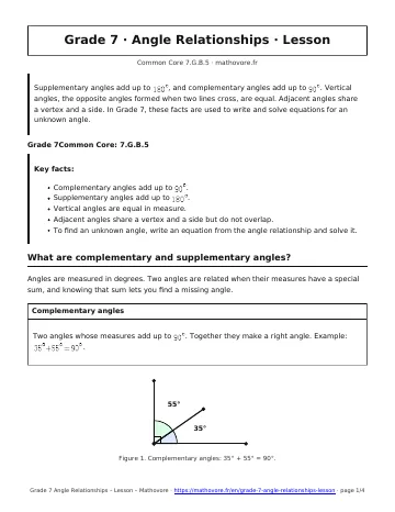Page 1 of the Grade 7 Angle Relationships lesson PDF
