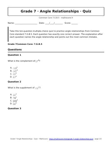 Page 1 of the Grade 7 Angle Relationships quiz PDF