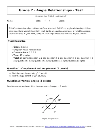 Page 1 of the Grade 7 Angle Relationships test PDF