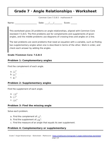 Page 1 of the Grade 7 Angle Relationships worksheet PDF