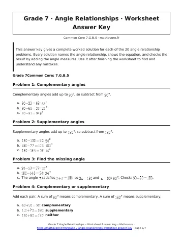 Page 1 of the Grade 7 Angle Relationships worksheet answer key PDF