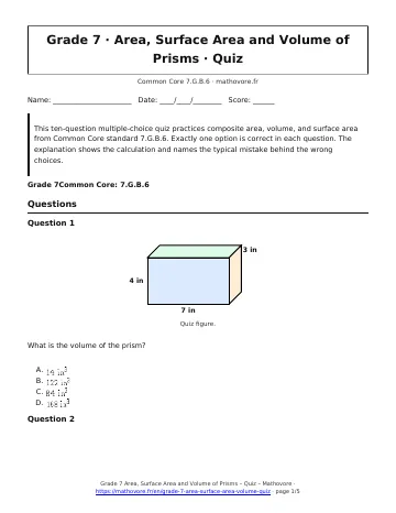 Page 1 of the Grade 7 Area, Surface Area and Volume of Prisms quiz PDF