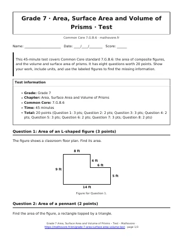Page 1 of the Grade 7 Area, Surface Area and Volume of Prisms test PDF