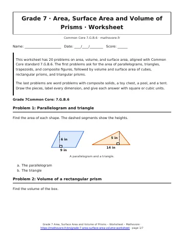 Page 1 of the Grade 7 Area, Surface Area and Volume of Prisms worksheet PDF