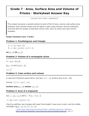 Page 1 of the Grade 7 Area, Surface Area and Volume of Prisms worksheet answer key PDF