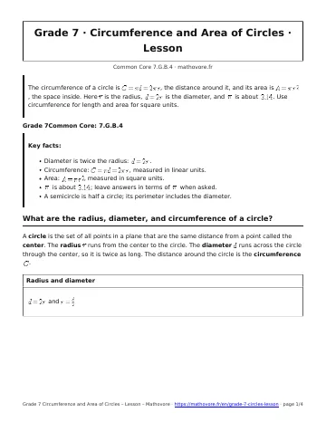 Page 1 of the Grade 7 Circumference and Area of Circles lesson PDF
