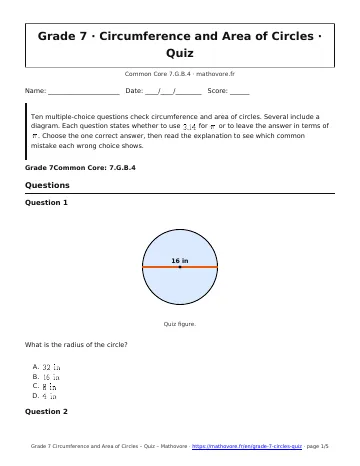 Page 1 of the Grade 7 Circumference and Area of Circles quiz PDF