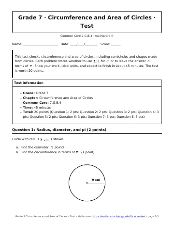 Page 1 of the Grade 7 Circumference and Area of Circles test PDF