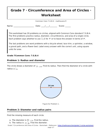 Page 1 of the Grade 7 Circumference and Area of Circles worksheet PDF