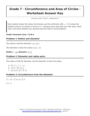 Page 1 of the Grade 7 Circumference and Area of Circles worksheet answer key PDF