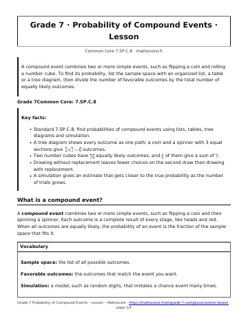 Page 1 of the Grade 7 Probability of Compound Events lesson PDF