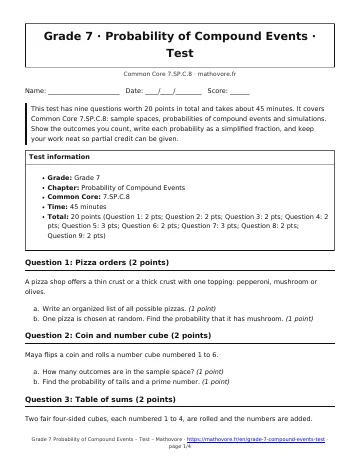 Page 1 of the Grade 7 Probability of Compound Events test PDF