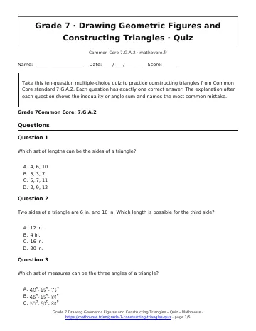 Page 1 of the Grade 7 Drawing Geometric Figures and Constructing Triangles quiz PDF