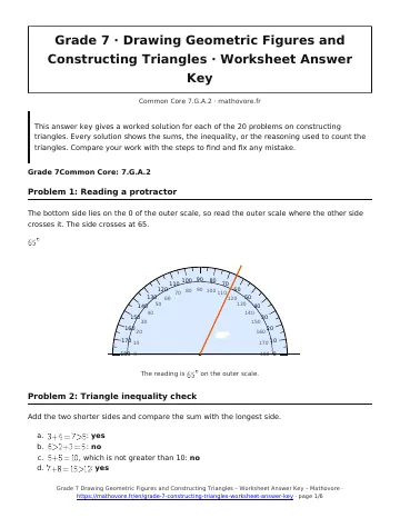 Page 1 of the Grade 7 Drawing Geometric Figures and Constructing Triangles worksheet answer key PDF
