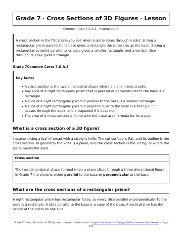 Page 1 of the Grade 7 Cross Sections of 3D Figures lesson PDF