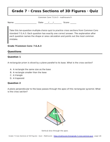 Page 1 of the Grade 7 Cross Sections of 3D Figures quiz PDF
