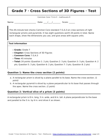Page 1 of the Grade 7 Cross Sections of 3D Figures test PDF