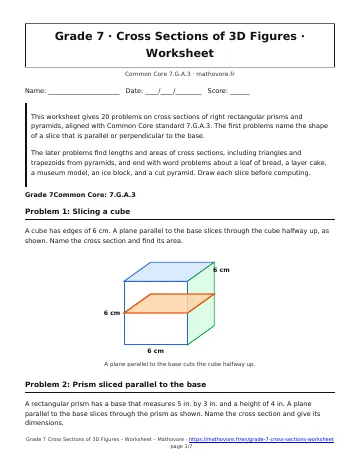 Page 1 of the Grade 7 Cross Sections of 3D Figures worksheet PDF