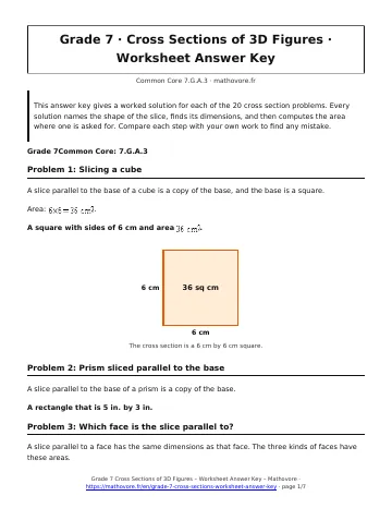 Page 1 of the Grade 7 Cross Sections of 3D Figures worksheet answer key PDF