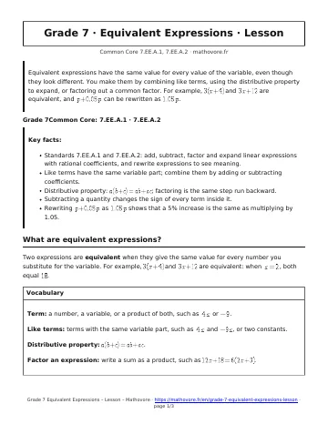 Page 1 of the Grade 7 Equivalent Expressions lesson PDF