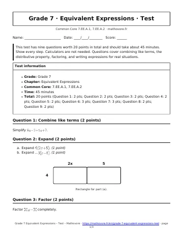 Page 1 of the Grade 7 Equivalent Expressions test PDF