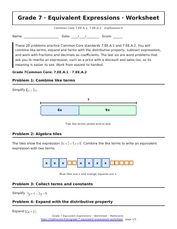 Page 1 of the Grade 7 Equivalent Expressions worksheet PDF