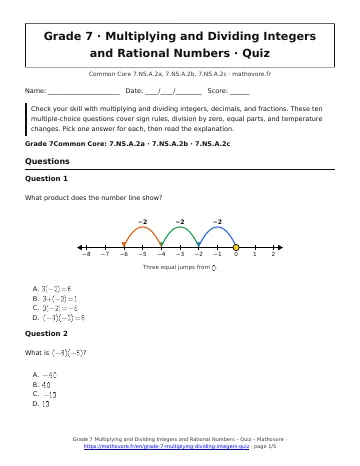 Page 1 of the Grade 7 Multiplying and Dividing Integers and Rational Numbers quiz PDF