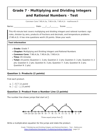 Page 1 of the Grade 7 Multiplying and Dividing Integers and Rational Numbers test PDF