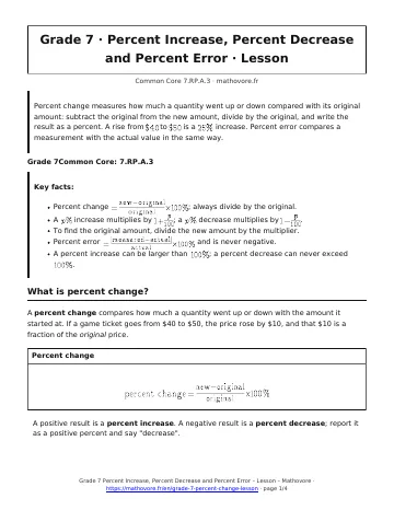 Page 1 of the Grade 7 Percent Increase, Percent Decrease and Percent Error lesson PDF