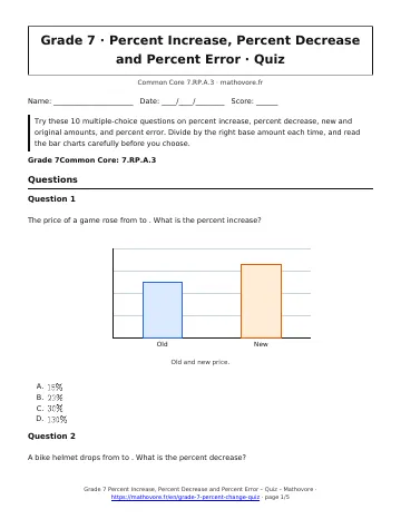 Page 1 of the Grade 7 Percent Increase, Percent Decrease and Percent Error quiz PDF