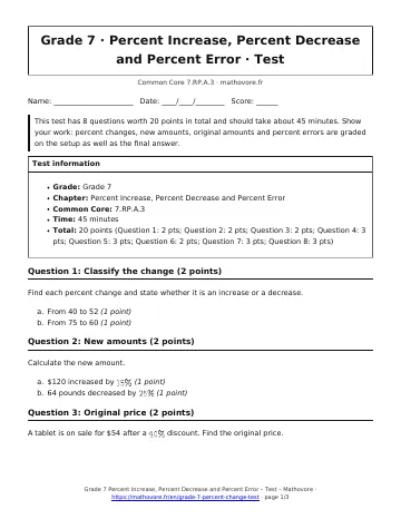 Page 1 of the Grade 7 Percent Increase, Percent Decrease and Percent Error test PDF