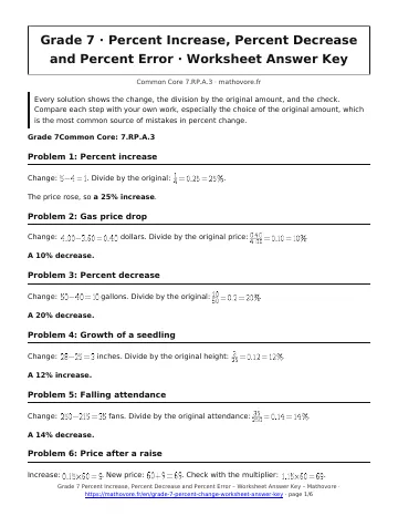 Page 1 of the Grade 7 Percent Increase, Percent Decrease and Percent Error worksheet answer key PDF
