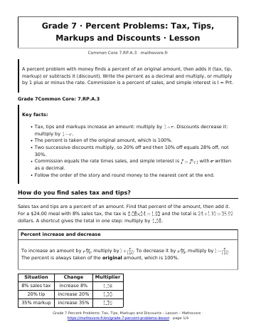 Page 1 of the Grade 7 Percent Problems: Tax, Tips, Markups and Discounts lesson PDF