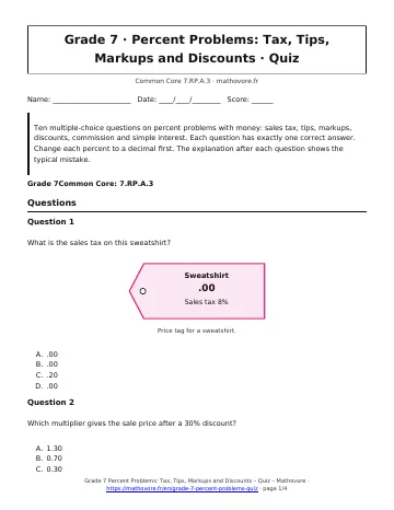 Page 1 of the Grade 7 Percent Problems: Tax, Tips, Markups and Discounts quiz PDF