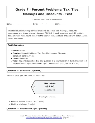 Page 1 of the Grade 7 Percent Problems: Tax, Tips, Markups and Discounts test PDF
