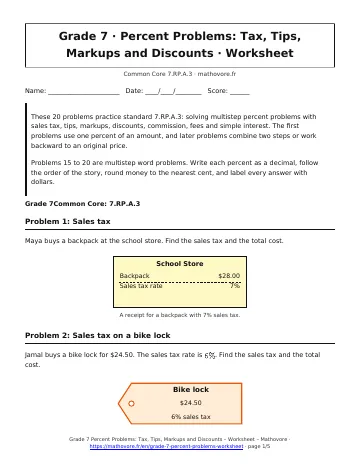 Page 1 of the Grade 7 Percent Problems: Tax, Tips, Markups and Discounts worksheet PDF