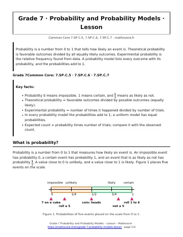 Page 1 of the Grade 7 Probability and Probability Models lesson PDF