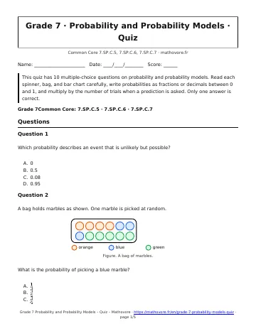 Page 1 of the Grade 7 Probability and Probability Models quiz PDF