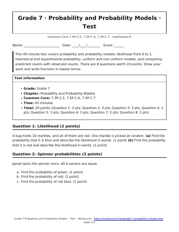 Page 1 of the Grade 7 Probability and Probability Models test PDF